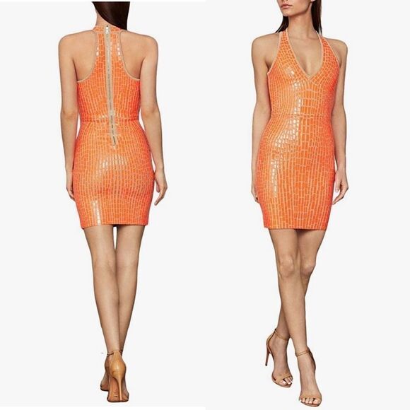 Bcbgmaxazria Sleeveless V-Neck Textured Sweater Bodycon Mini Dress Papaya M - Picture 2 of 5